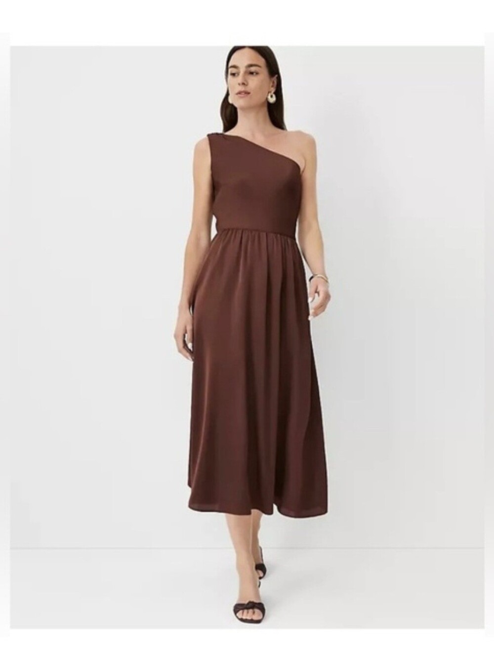 Ann Taylor Size 2 One-Shoulder Brown Satin Midi Dress NWOT